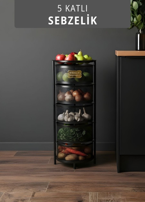 5 Katlı Sebzelik Açılır Metal Patates Soğan Sepeti Paslanmaz Meyvelik Organizer Sepet Siyah
