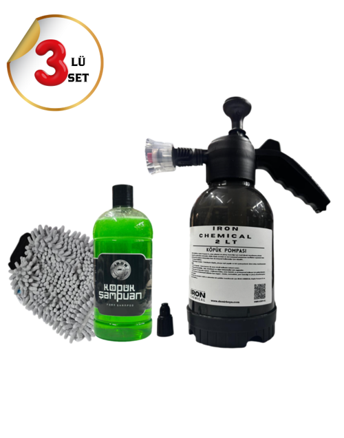 IRON CHEMICAL Köpük ve Kimyasal Pompası 2L, Cilalı Şampuan 1L & Mikrofiber Yıkama Eldiveni 3'lü Set | Araç Bakım Seti