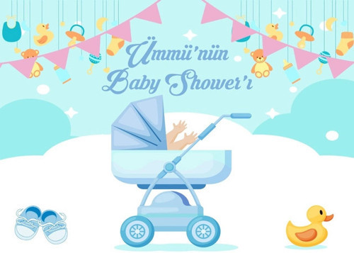 Mavi Bebek Arabası Temalı Baby Shower Afişi 100x150 Cm