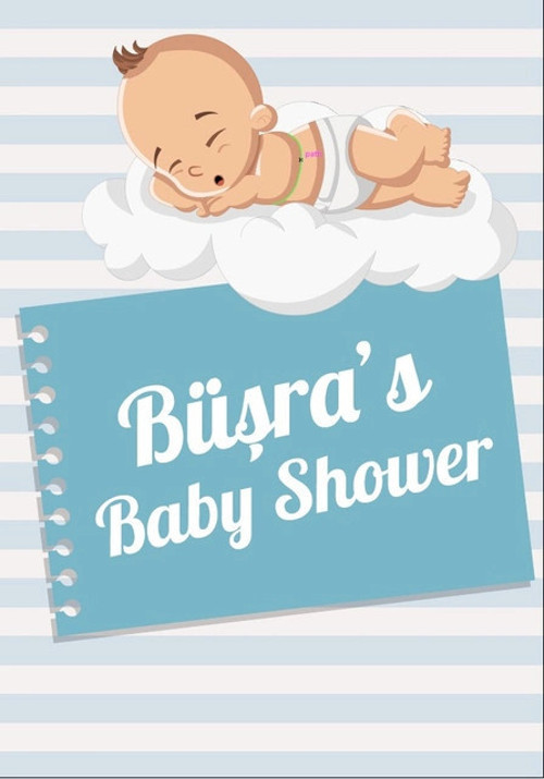 Mavi Çizgili Bebek Temalı Baby Shower Afişi 35x50 Cm