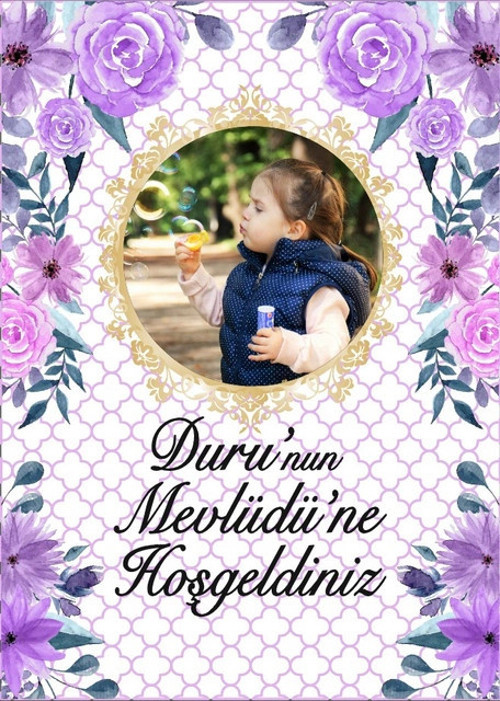 Mor Çiçek Temalı Resimli Mevlüd Afişi 70x100 Cm