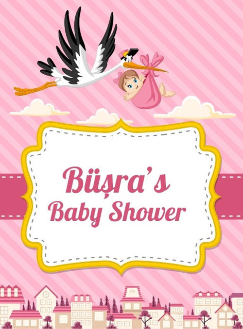 Pembe Çzigli Leylek Temalı Baby Shower Afişi 50x70 Cm