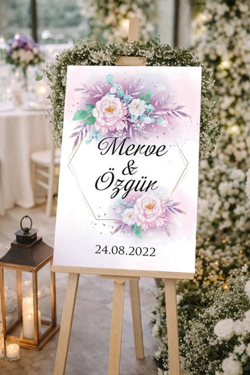 Pembe Çiçekli Düğün, Nişan ve Söz Karşılama Panosu – 50x70 cm