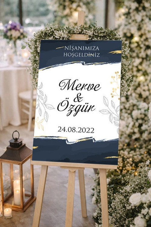 Mavi Gold Detay Çiçekli Düğün, Nişan ve Söz Karşılama Panosu – 50x70 cm