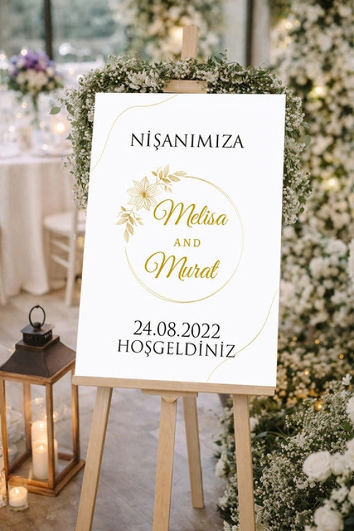 Krem Sade Çiçekli Düğün, Nişan ve Söz Karşılama Panosu – 50x70 cm
