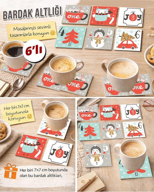 Noel Temalı 5 7x7 – 6’lı Set Dekoratif Kare Tasarım