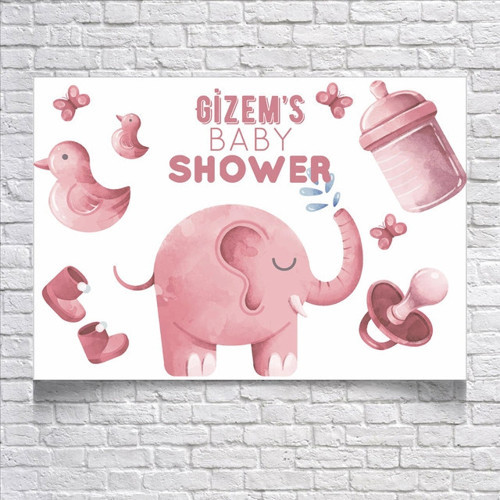 Pembe Fil Temalı Baby Shower Afişi 35x50 Cm