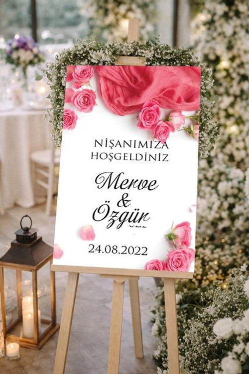 Pembe Güllü Düğün, Nişan ve Söz Karşılama Panosu – 50x70 cm