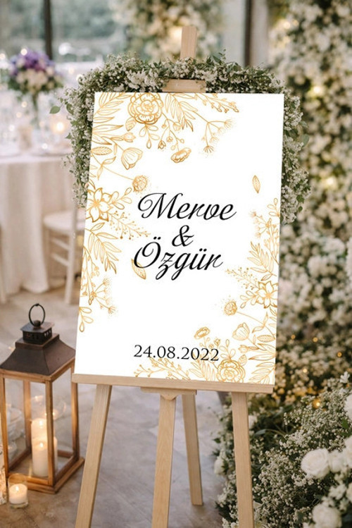 Gold Çiçekli gold Detaylı Düğün, Nişan ve Söz Karşılama Panosu – 50x70 cm