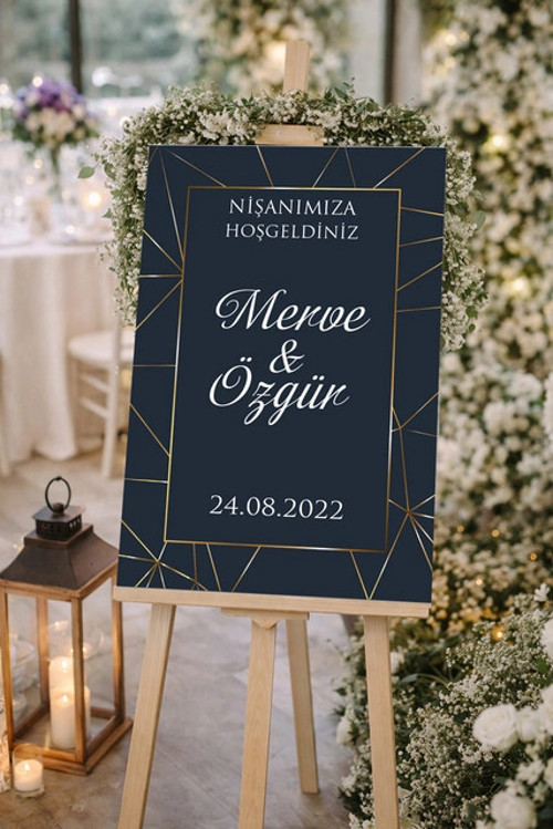 Mavi Üzerine Gold Çerçeveli Düğün, Nişan ve Söz Karşılama Panosu – 50x70 cm