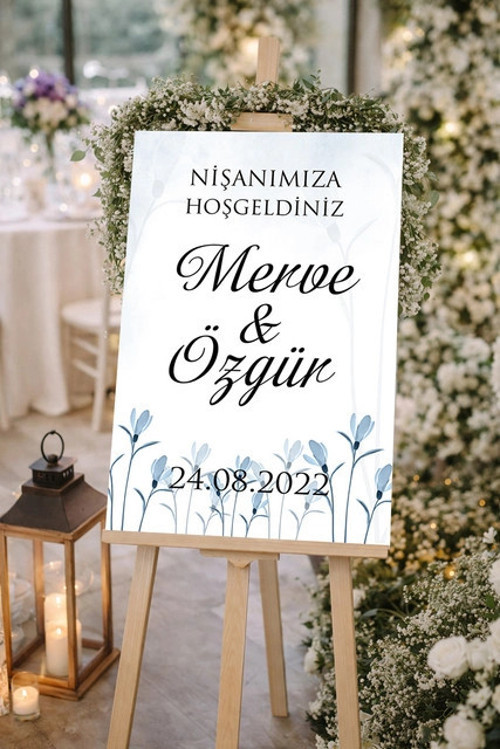 Sade Mavi Çiçekli Düğün, Nişan ve Söz Karşılama Panosu – 50x70 cm