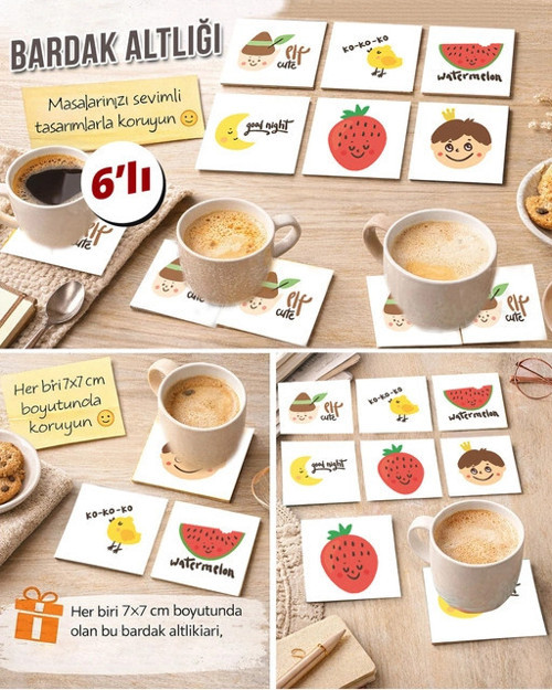 Sevimli Meyveler 7x7 – 6’lı Set Dekoratif Kare Tasarım