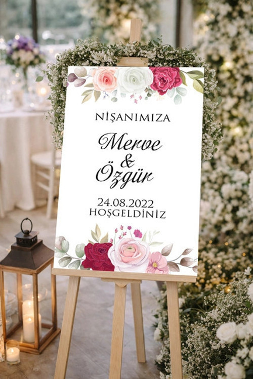 Güllü Yuvarlak Düğün, Nişan ve Söz Karşılama Panosu – 50x70 cm