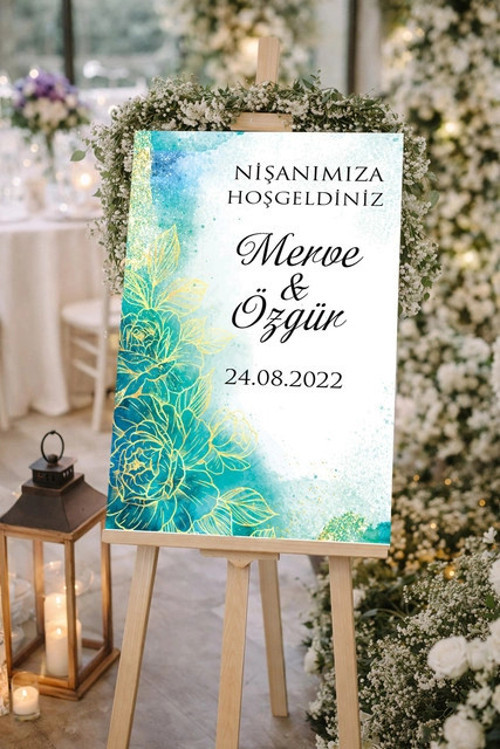 Mavi Gold Detay Çiçekli Düğün, Nişan ve Söz Karşılama Panosu – 50x70 cm