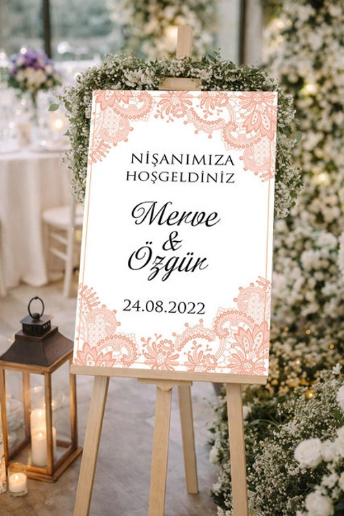 Pembe Detaylı Düğün, Nişan ve Söz Karşılama Panosu – 50x70 cm