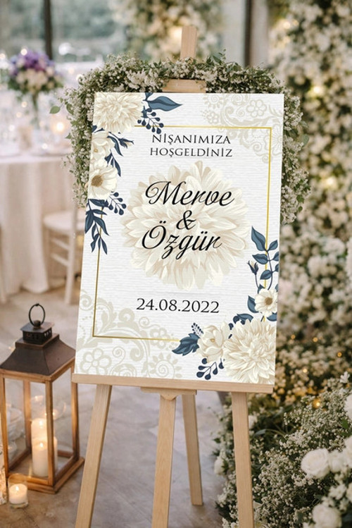 Krem Beyaz Çiçekli Düğün, Nişan ve Söz Karşılama Panosu – 50x70 cm