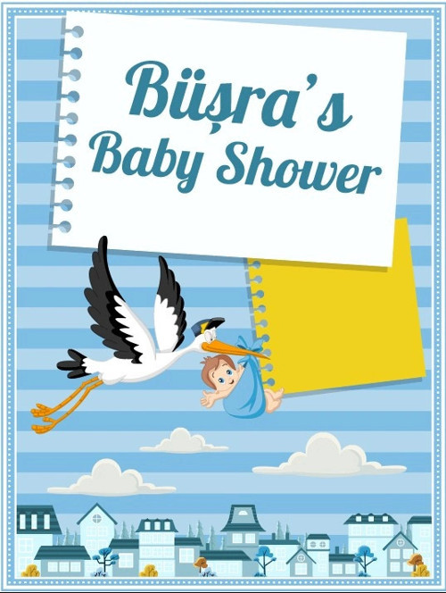 Mavi Çizgili Leylek Temalı Baby Shower Afişi 50x70 Cm