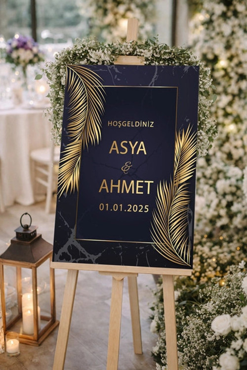 Siyah Gold Çiçekli Düğün, Nişan ve Söz Karşılama Panosu – 50x70 cm
