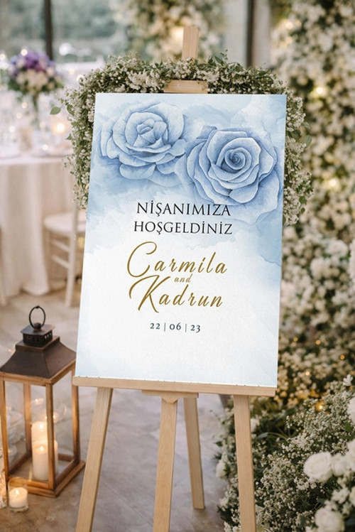 Mavi Güllü Düğün, Nişan ve Söz Karşılama Panosu – 50x70 cm