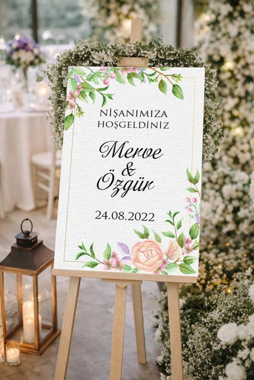 Yeşil Dallı Çiçekli Düğün, Nişan ve Söz Karşılama Panosu – 50x70 cm