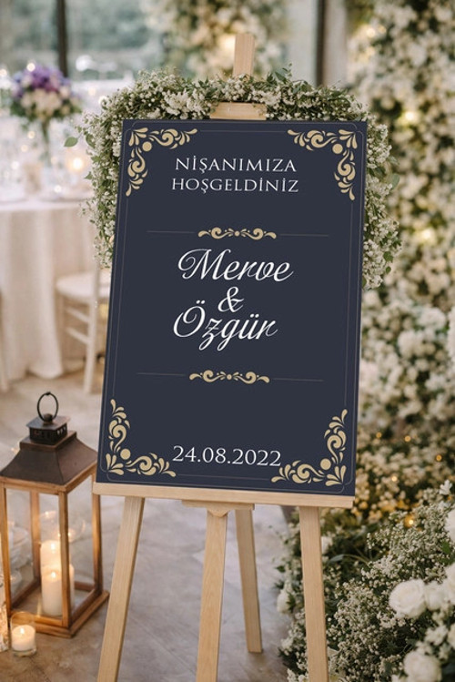 Siyah Gold Çerçevelş Düğün, Nişan ve Söz Karşılama Panosu – 50x70 cm