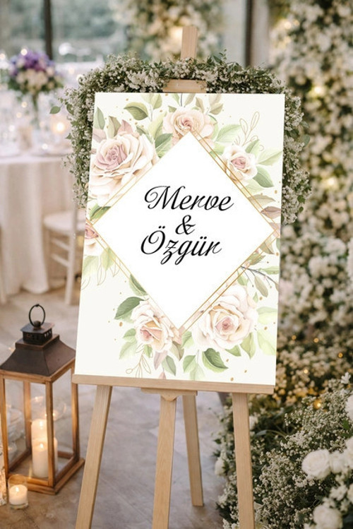 Krem Sade Çiçekli Düğün, Nişan ve Söz Karşılama Panosu – 50x70 cm