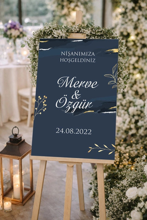 Mavi Gold Detay Çiçekli Düğün, Nişan ve Söz Karşılama Panosu – 50x70 cm