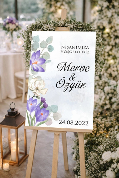 Mor Yeşil Çiçekli Düğün, Nişan ve Söz Karşılama Panosu – 50x70 cm