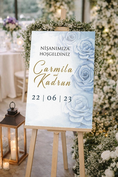 Mavi Güllü Düğün, Nişan ve Söz Karşılama Panosu – 50x70 cm