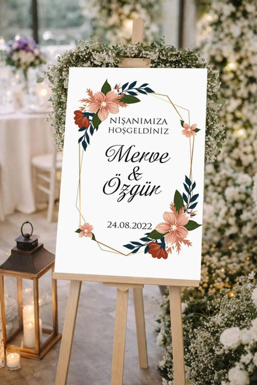Krem Çiçekl ve Çerçeveli Düğün, Nişan ve Söz Karşılama Panosu – 50x70 cm