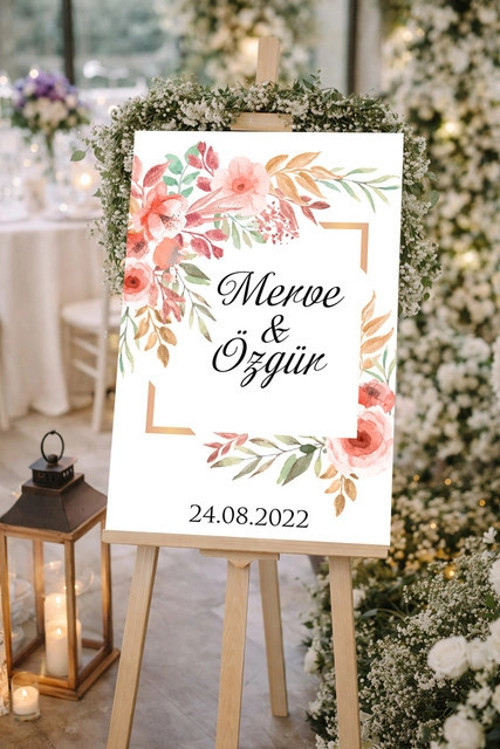 Beyaz Çiçekli Çerçeveli Düğün, Nişan ve Söz Karşılama Panosu – 50x70 cm