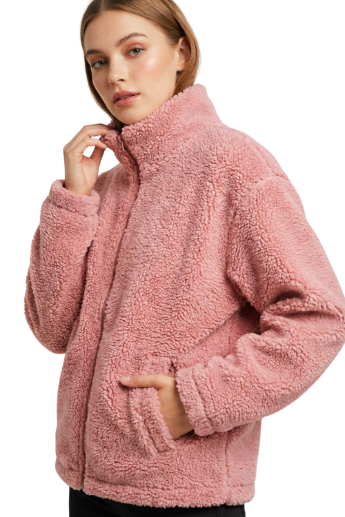 Kadın Peluş Tam Fermuarlı Cepli Sherpa Kuzu Kumaş Oversize Peluş Polar Sweatshirt