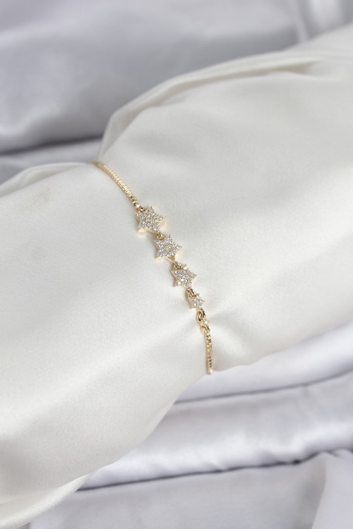 Zirkon Taşlı Yıldızlı Asansörlü Kadın Bileklik (Gold Renk)