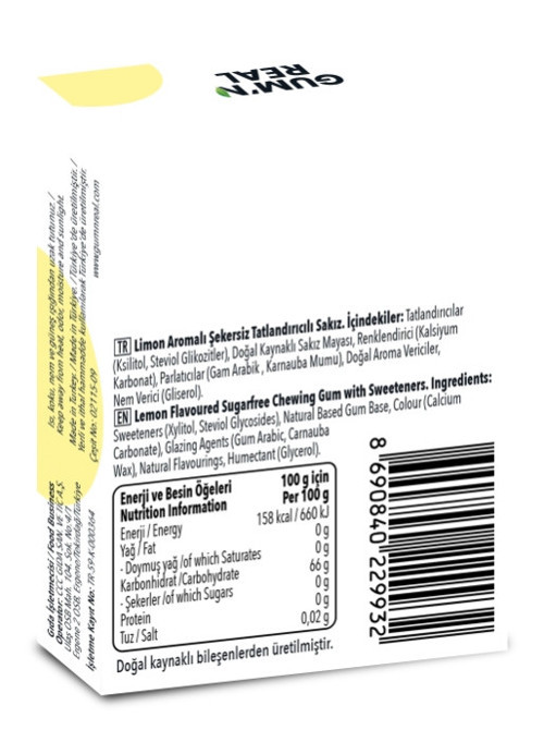 GUM'N REAL - Doğal Limon Aromalı Şekersiz Sakız - 23.2 gram - 8 Adet