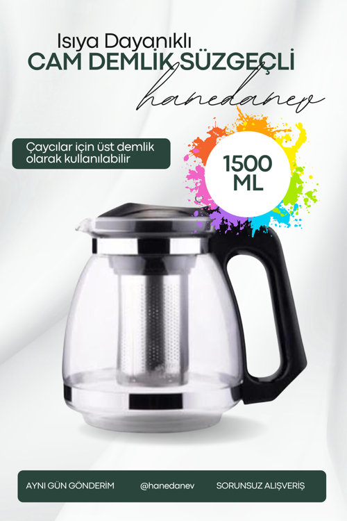 Isıya Dayanıklı Süzgeçli Cam Demlik 1500 Ml Çaycı Çay Makinesi Demliği Teapot 1.5 Litre