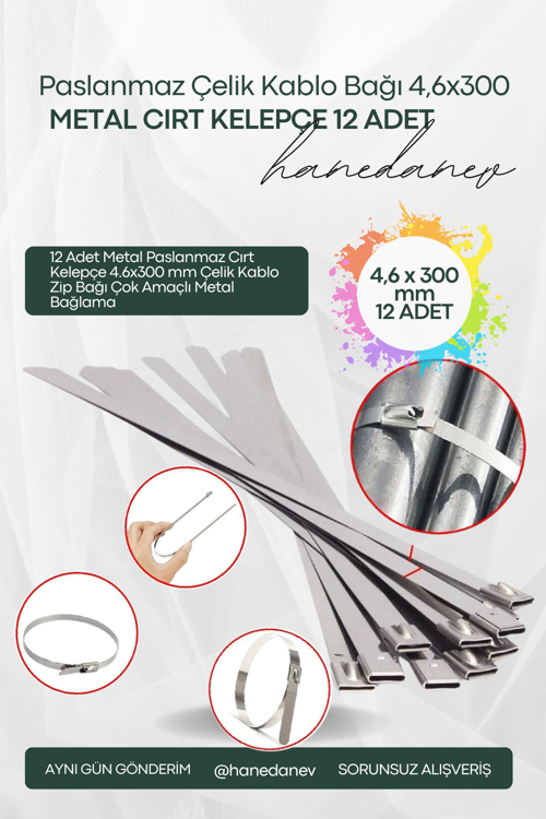 12 Adet Metal Paslanmaz Cırt Kelepçe 4.6x300 mm Çelik Kablo Zip Bağı Çok Amaçlı Metal Bağlama