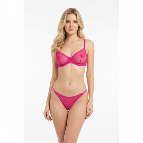 Kadın Tül Transparan Balenli Sütyen ve Transparan String Külot 2'li Takım BB2275