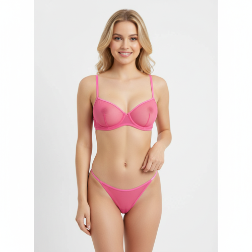 Kadın Tül Transparan Balenli Sütyen ve Transparan String Külot 2'li Takım BB2277