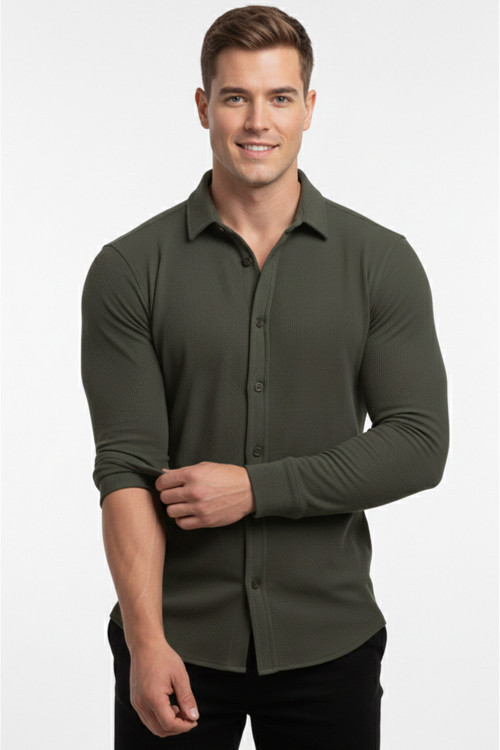 Haki Slim Fit Örme Kumaş Likralı Erkek Gömlek – Nefes Alan Esnek ve Modern Tasarım 2602604