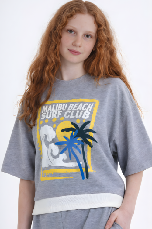 Kız Çocuk Gri Renkli Baskılı Yarım Kol Eşofman Alt Üst Takım 6-7-8-9-10 Yaş