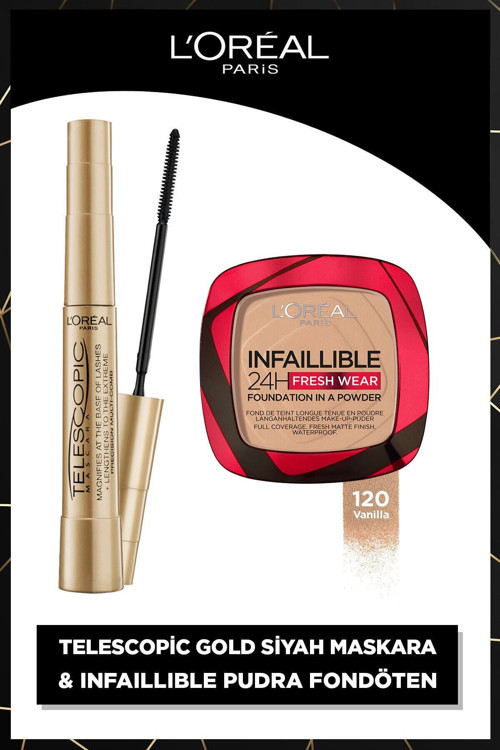 120 VANİLLA INFAİLLİBLE 24H FRESH WEAR POWDER FOUNDATİON & TELESCOPİC GOLD BLACK MASCRA5