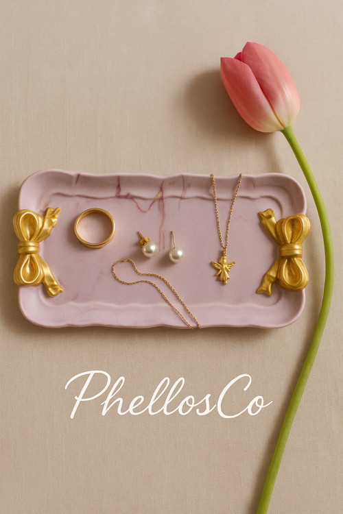 Y2K, Altın Kurdeleli, Pembe Mermer Desen Mini Fincan Ve Takı Tepsisi, Organizer