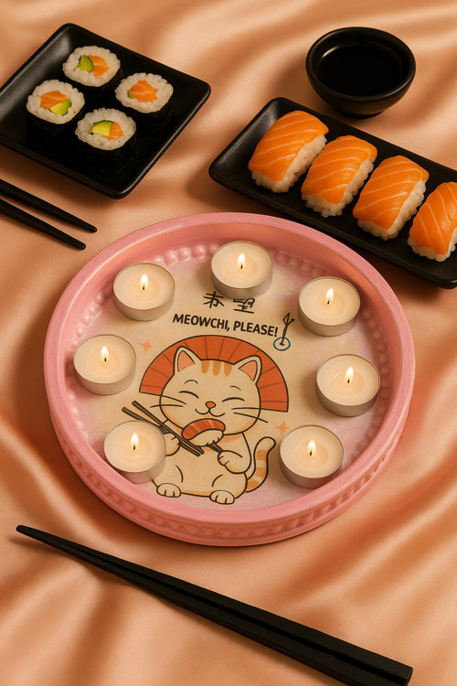 Pembe Kedi Ve Sushi Figürlü Dekoratif Mumluk, Takı Tabağı, Obje,