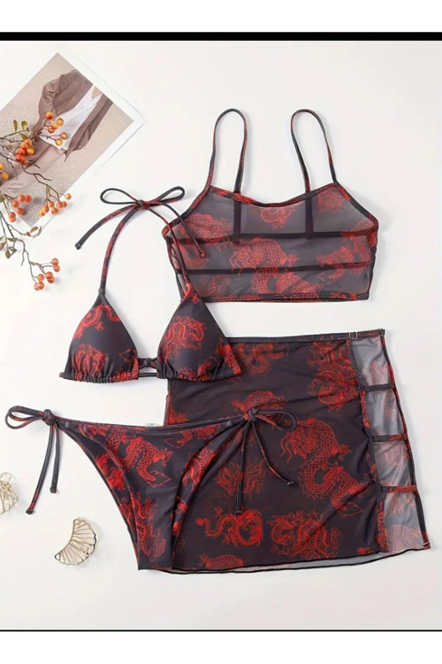 Siyah Kırmızı Ejderha Desenli 4’Lü Asya Anime Bikini Takımı Crop Top, Pareo Ve Üçgen Bikini Alt Üst