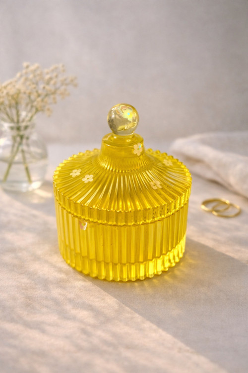 El Yapımı Sarı Reçine Kutu - Kapaklı Çiçekli Takı Kutusu - Dekoratif Saklama Kabı