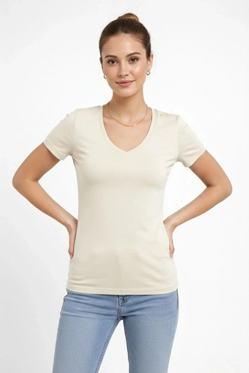Kadın T-Shirt V Yaka Slim Fit Likralı Tişört Günlük Basic Body - Taş