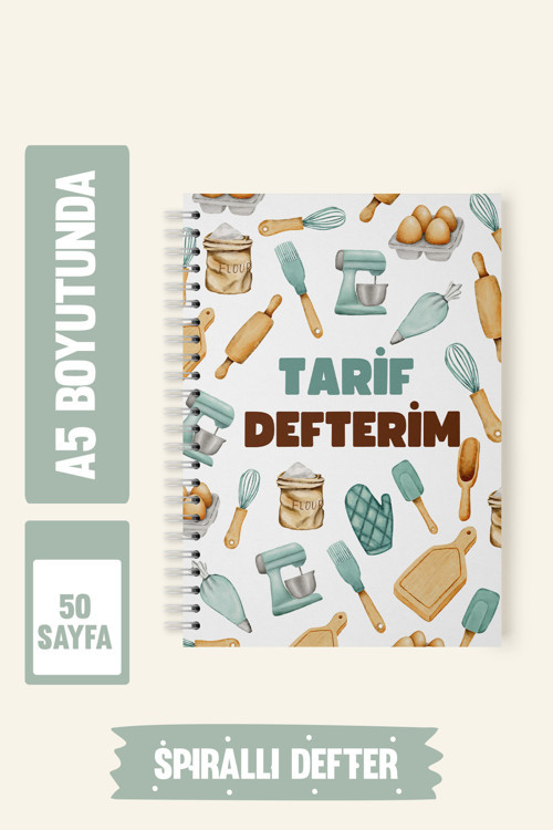 Yemek Tarif Defteri A5 Boyutunda Spiralli 50 Yaprak/100 Sayfa - 100 Tarif