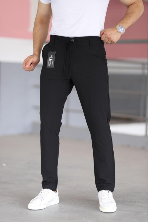 Erkek Siyah Renk Beli Yarım Lastikli Bağcıklı Rahat Esnek Fitted Likralı Pantolon