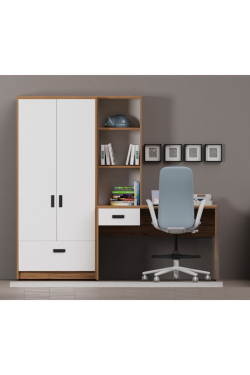 Essenza Kitaplikli Çalişma Masasi Ve 2 Kapakli Dolap Seti Ceviz Gövde Beyaz Kapak Afm170