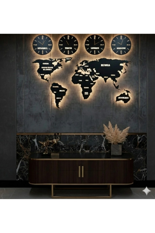 Metal dünya haritası ve dört başkent saati LED ışıklı (ürün fişli değildir.kablo montajı yapilmali)